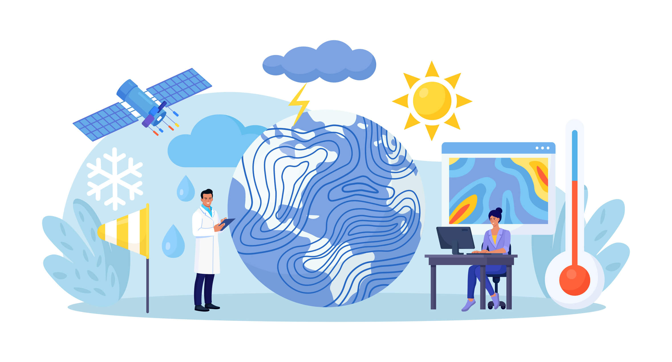 An animation of a weather professional and meteorologist surrounded by weather related tools like a satellite and thermometer.