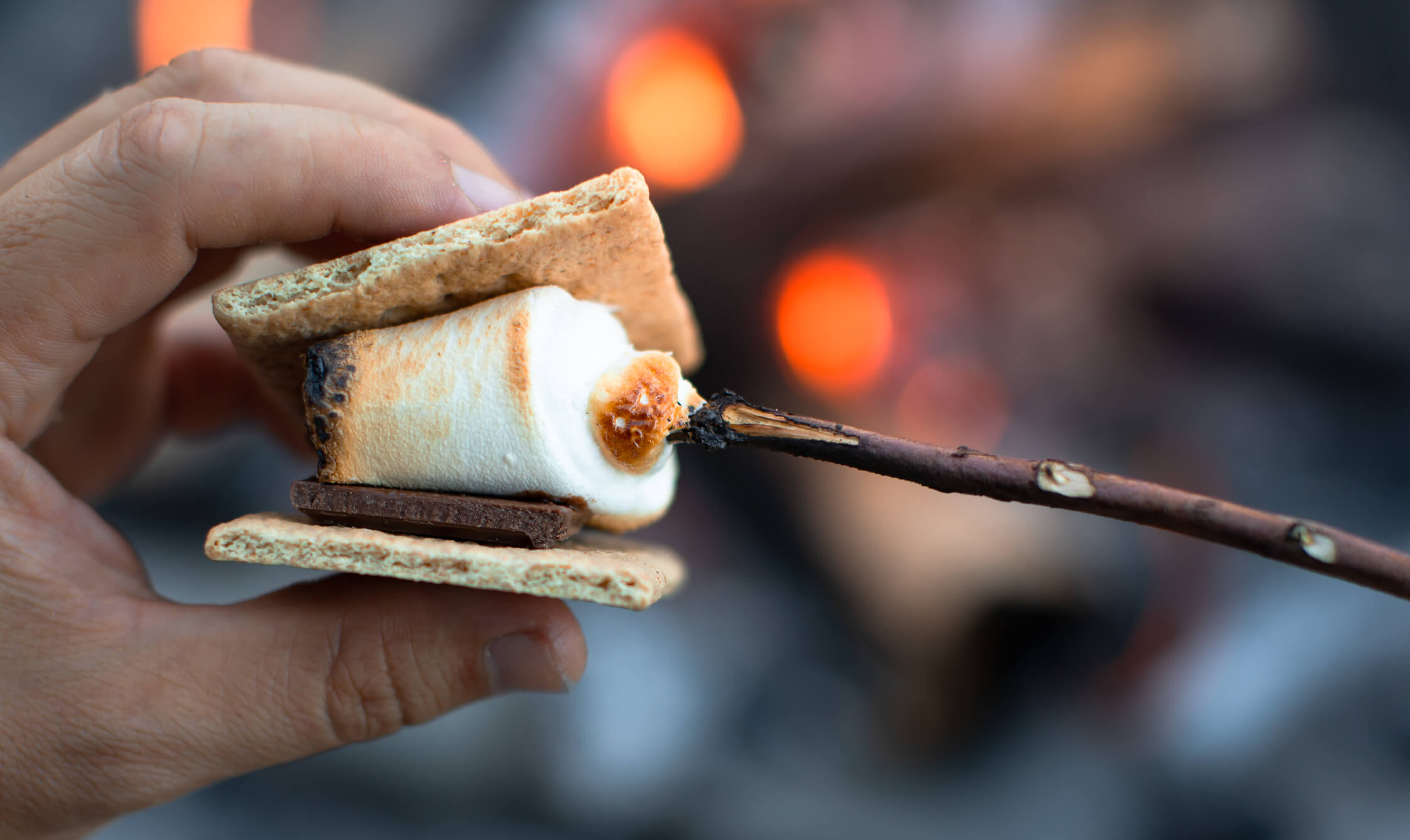 someone making a smore at a backyard party