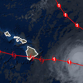 Satellite view of a hurricane's two possible storm paths