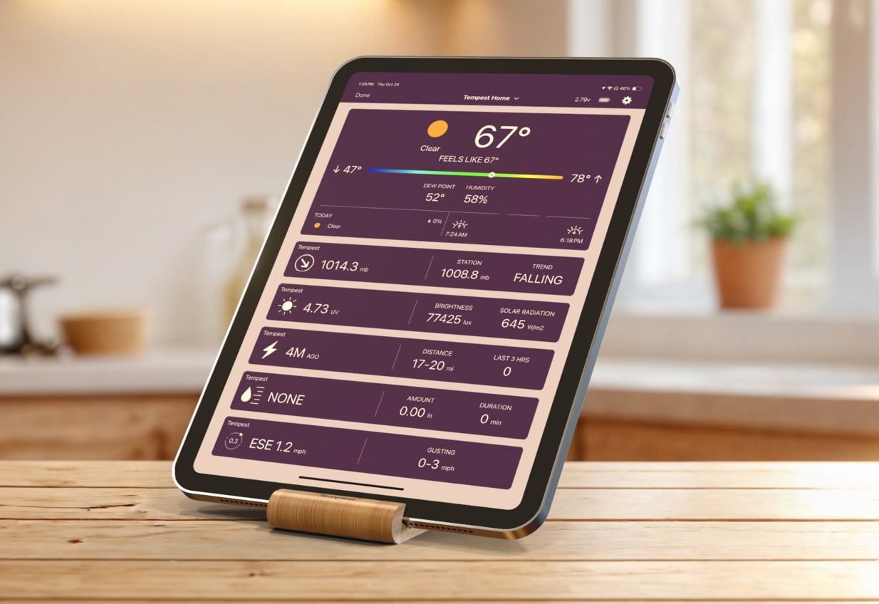 The Tempest App showing weather data for a home while in a Tempest bamboo tablet holder