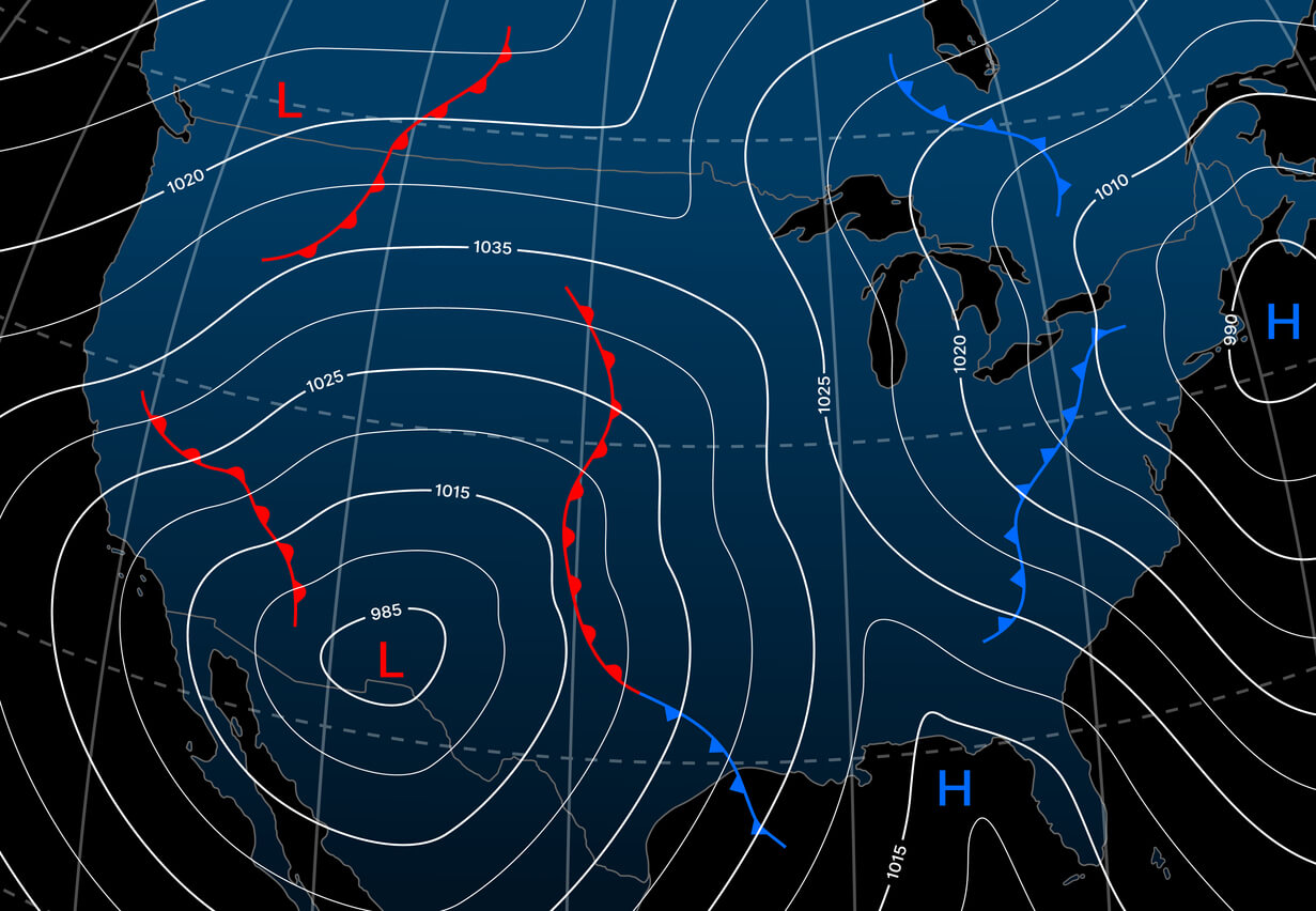 a radar showing weather fronts with low and high pressure readings