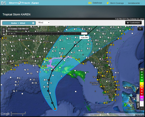 A weather report showing Tropical Storm Karen moving through the Gulf of Mexico
