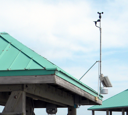 The Folly Beach weather sensor mounted on a roof on a cloudy day