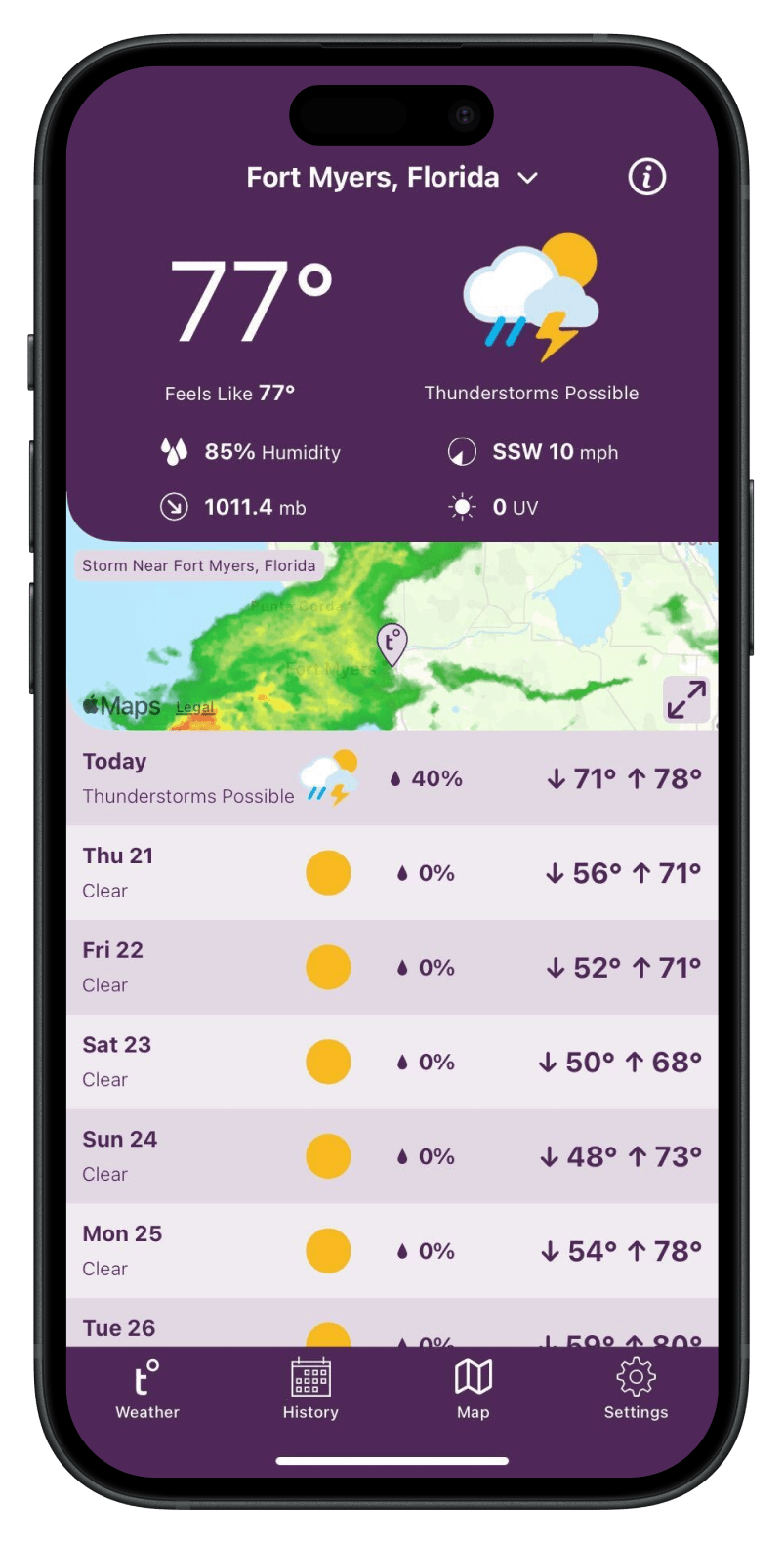 A weekly weather report for Fort Myers Florida on a smartphone from the Tempest weather app