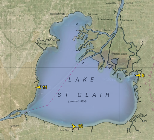 Map of Lake St Clair and wind direction readings on each coast