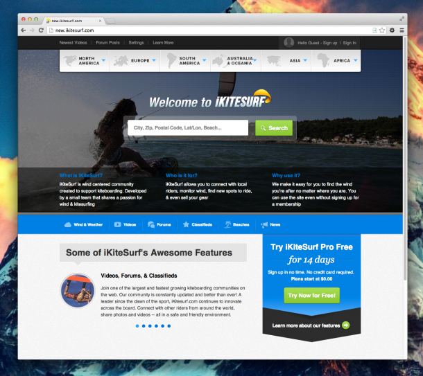 A screenshot of the new iKitesurf website