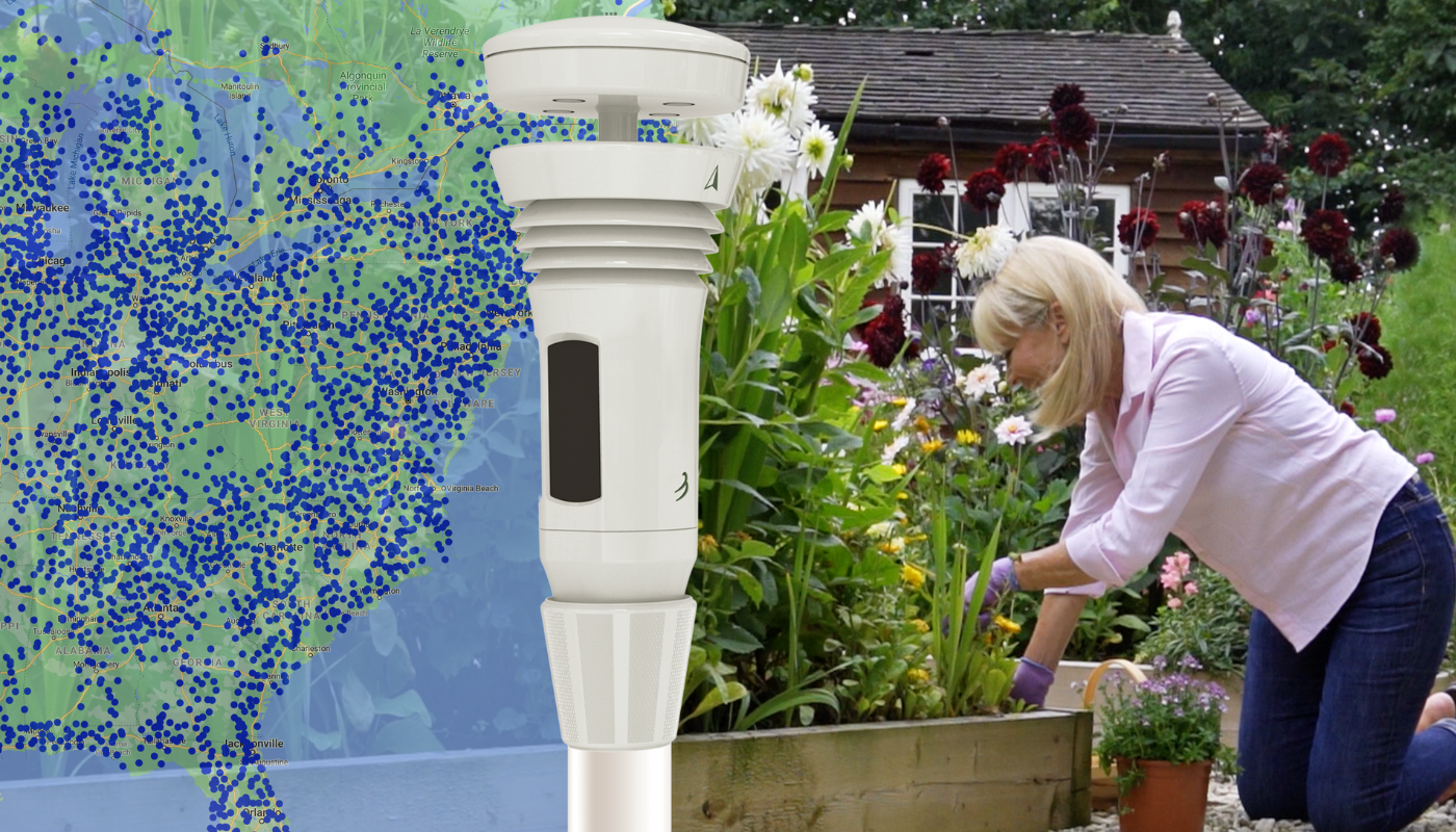 The Tempest Weather Station with station data points on a map and a woman planting in her personal garden