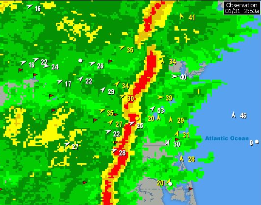 Thimble Shoals Radar map with large weather front